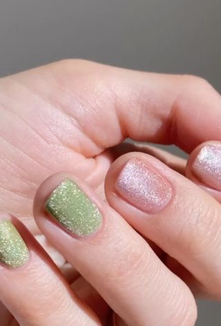 Pink and green cat eye nails