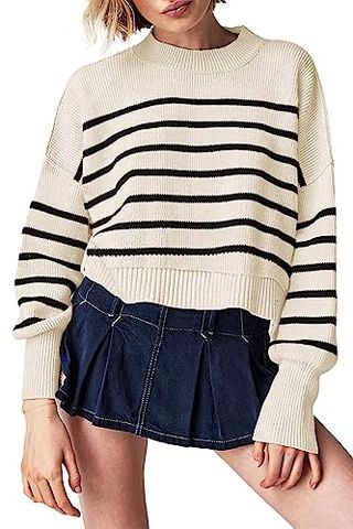 Sweater Wanita Trendi Musim Gugur 2023 Rajutan Bergaris Mudah Jalanan Bergaris Crop Pullover Sweater Atasan