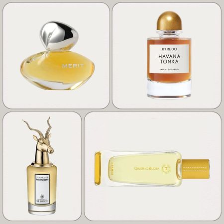 A collage of new-in perfumes from Merit, Byredo, Penhaligon's and Hermes