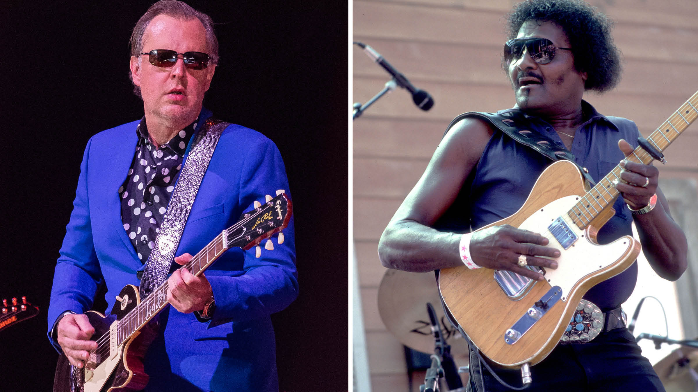 Joe Bonamassa wears a blue suit and plays his signature Epiphone Les Paul [left]; the late great Albert Collins with his Telecaster.