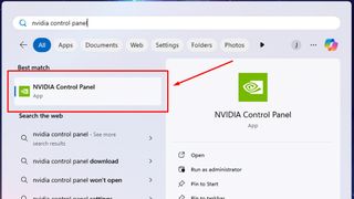 Screenshot showing the Nvidia Control Panel in Windows 11's Start menu