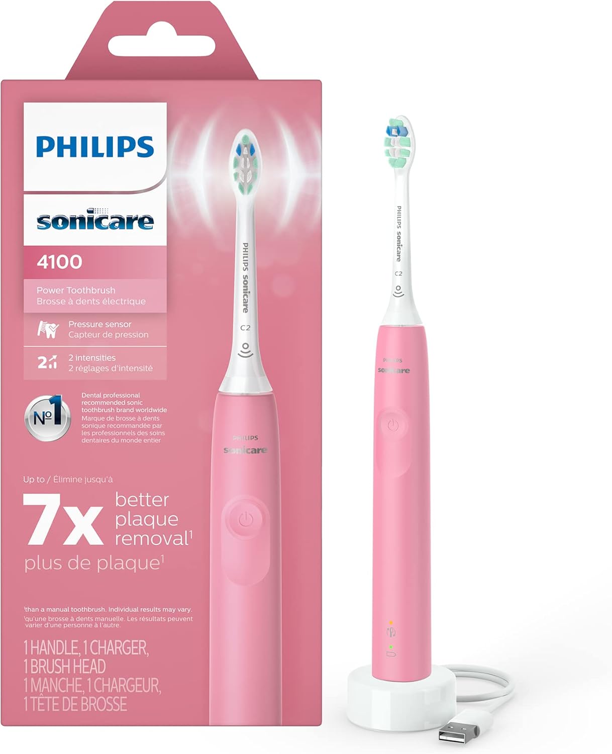 Philips Sonicare 4100 Rechargeable Electric Toothbrush, With Pressure Sensor, 2 Intensity Settings, Smartimer and Quadpacer, 14-Day Battery Life, Deep Pink, Model Hx3681/26