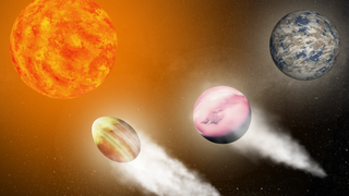 An illustration of a red and yellow run in the top left of the screen. Three worlds are seen toward the right of the screen, two of which have leaking atmospheres.
