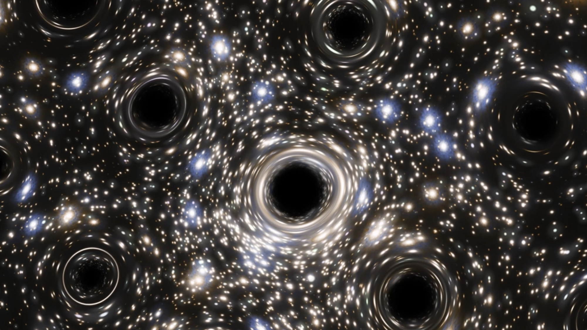 Several black circles with glowing blue spheres and gold swirls around them
