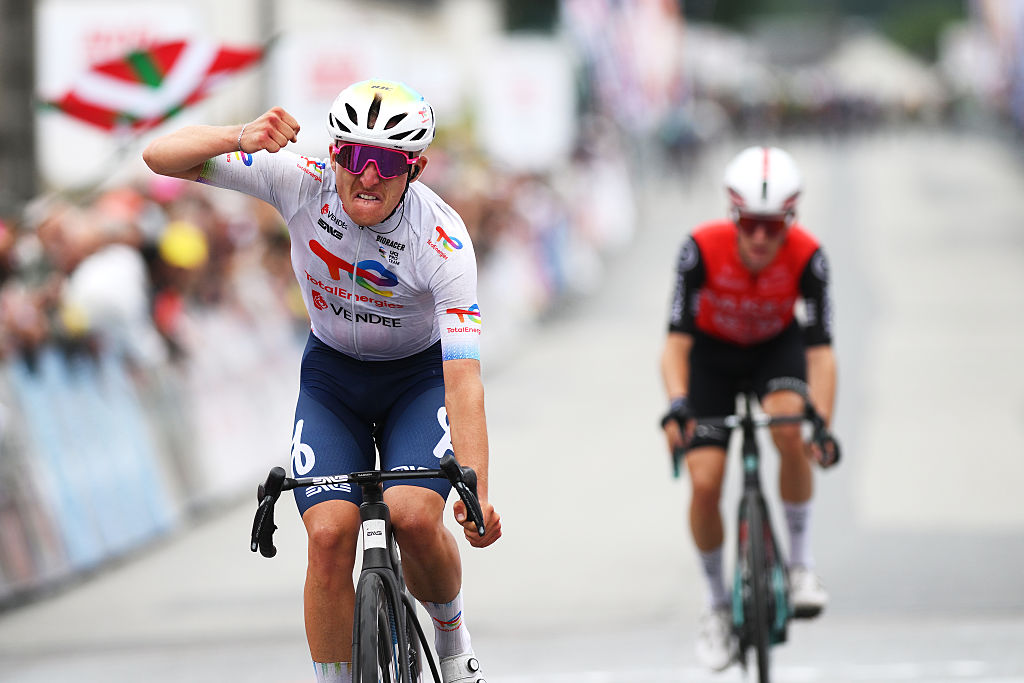 Thomas Gachignard of France and Team TotalEnergies celebrates at finish line as stage winner during the 58th Tour du Limousin - Nouvelle Aquitaine 2025, Stage 1 a 184.6km stage from Panazol to La Courtine 737m on August 19, 2025 in La Courtine, France. (Photo by Alex Broadway/Getty Images)