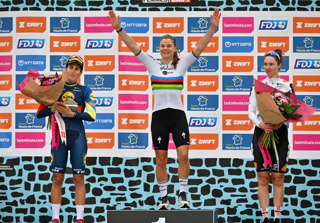 ROUBAIX FRANCE APRIL 06 LR Elisa Balsamo of Italy and Team Lidl Trek on second place race winner Lotte Kopecky of Belgium and Team SD Worx Protime with the cobblestoneracetrophy and Pfeiffer Georgi of The United Kingdom and Team dsmfirmenich PostNL on third place pose on the podium ceremony after the 4th ParisRoubaix Femmes 2024 a 1485km one day race from Denain to Roubaix on UCIWWT April 06 2024 in Roubaix France Photo by Luc ClaessenGetty Images