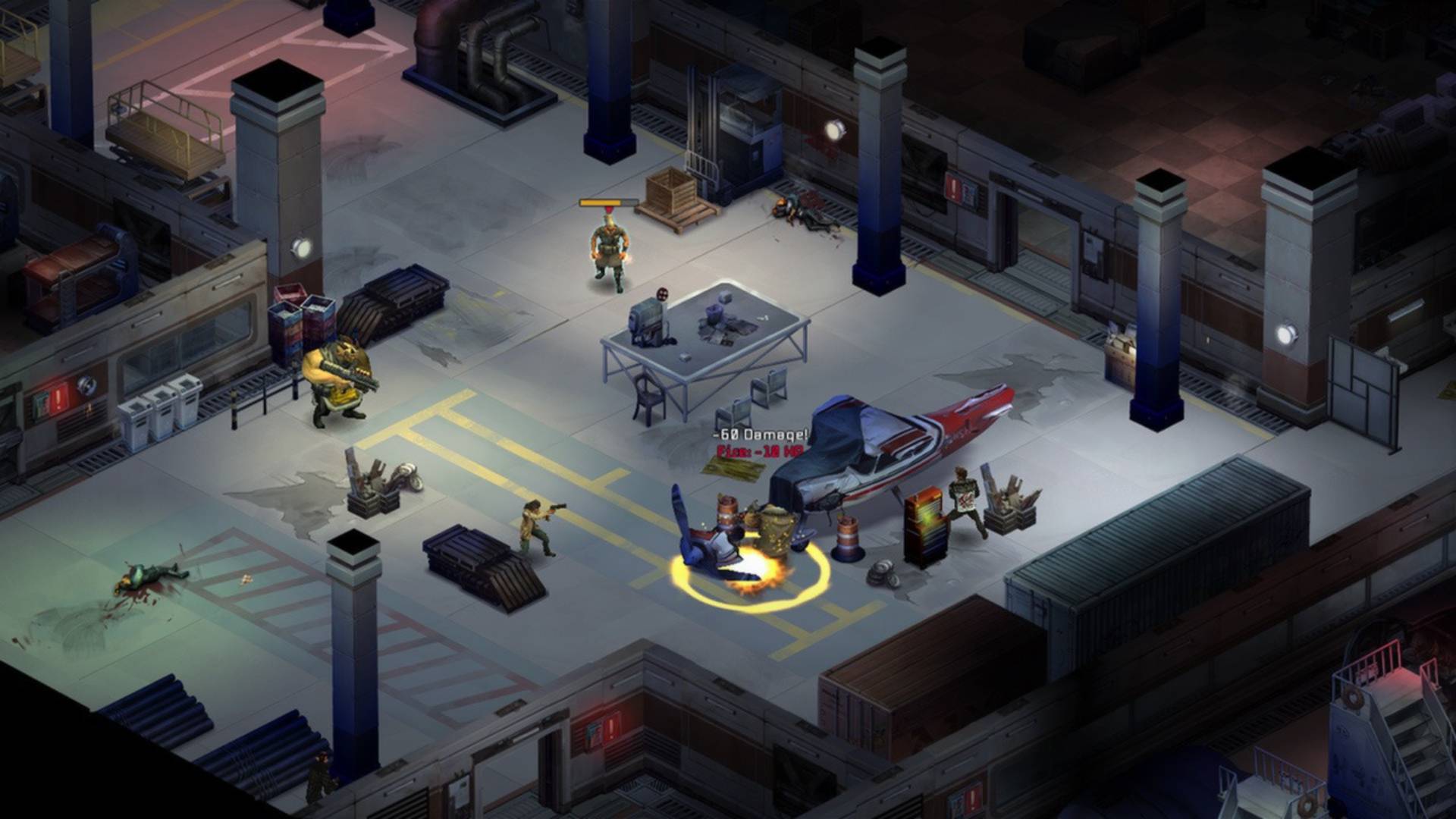 In Shadowrun Returns, trolls and orks stand in a metro complex as an expolsion inflicts damage to a character who's nearby a helicopter