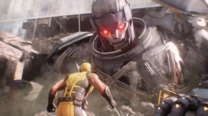 In Marvel's Wolverine on PS5, Wolverine faces a giant robotic figure that juts out of a building