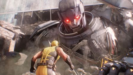 In Marvel's Wolverine on PS5, Wolverine faces a giant robotic figure that juts out of a building