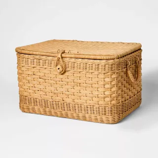 Large Lidded Rattan Decorative Basket Brown 