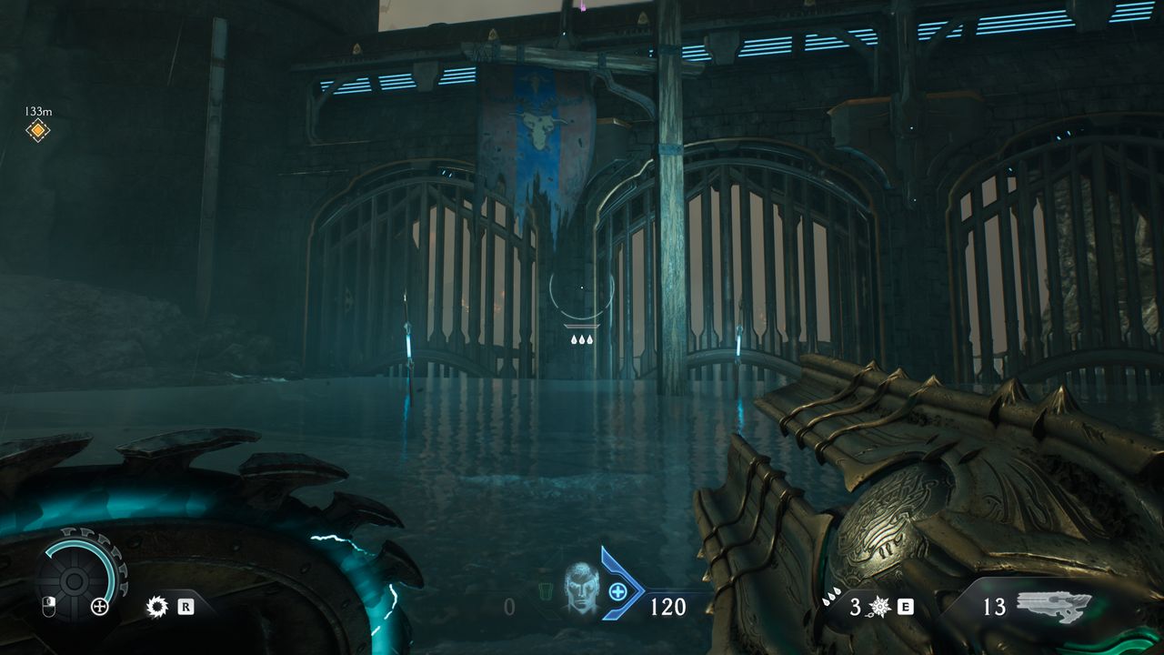 Doom: The Dark Ages Siege Part 1 secrets - The entrance to an underwater tunnel lit by two torches.