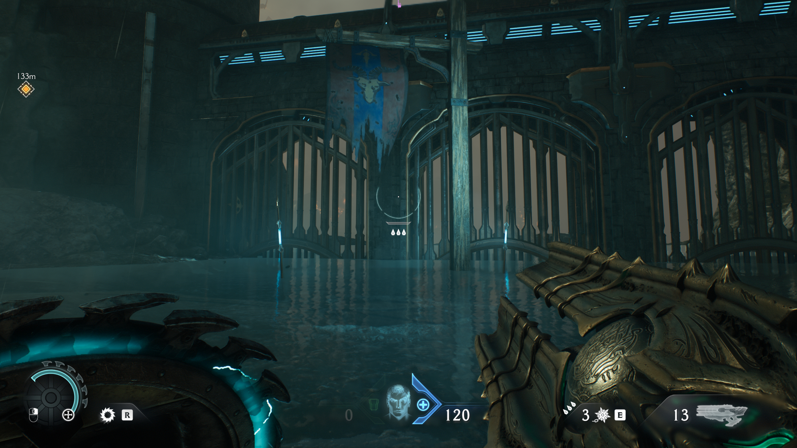 Doom: The Dark Ages Siege Part 1 secrets - The entrance to an underwater tunnel lit by two torches.