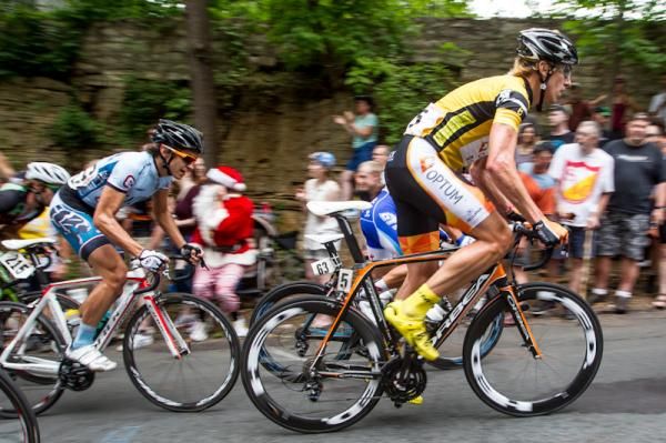 Tom Zirbel (Optum) riding near the front of the field.