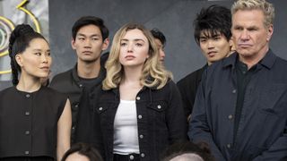 Alicia Hannah-Kim as Kim Da-Eun, Daniel Kim as Yoon, Peyton List as Tory Nichols, Brandon H. Lee as Kwon, Martin Kove as John Kreese in Cobra Kai