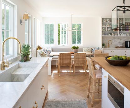 White sink, wooden kitchen island