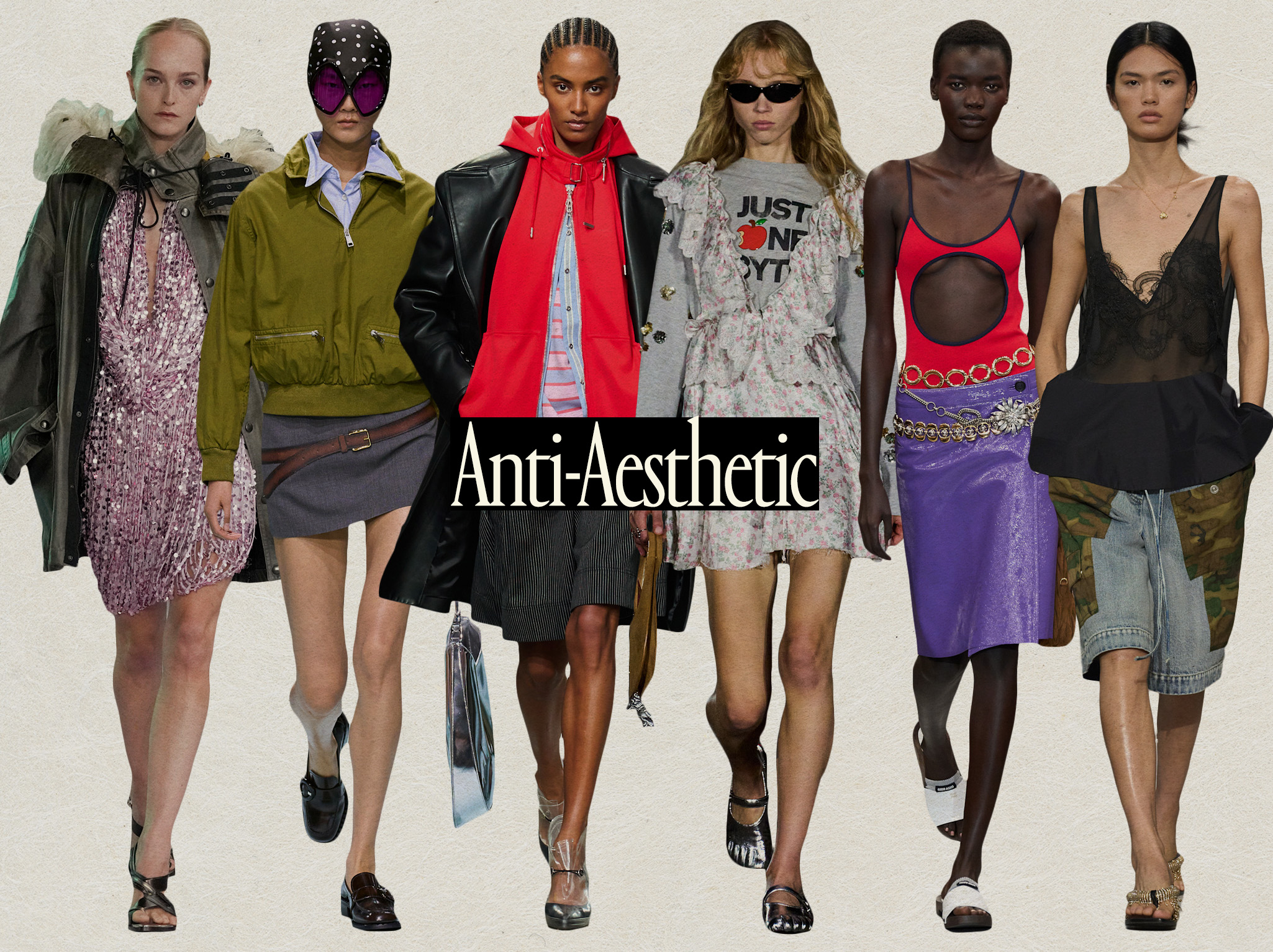 A collage of runway images showing the anti-aesthetic spring trend in the collections of Burberry, Prada, Rabanne, Coperni, Miu Miu, and 3.1 Phillip Lim.