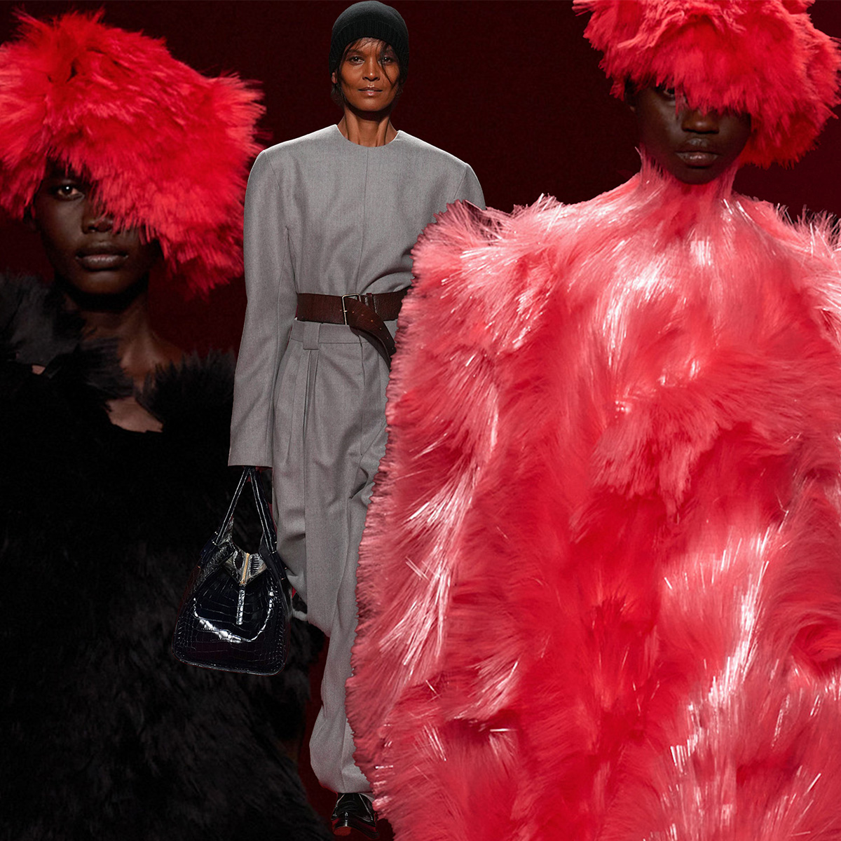 A collage showing multiple Bottega Veneta models wearing a range of hat styles from the F/W 26 show during Milan Fashion Week.