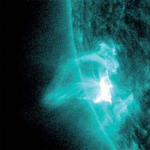 The solar eruption on March 8, 2011. The image shows the coronal material of about 10 million degree emitting photons at the extreme ultraviolet wavelength of 13.1 nanometer. This extremely hot emission outlines the existence of the magnetic flux rope, which is self-propelled outward through its own electro-magnetic force.