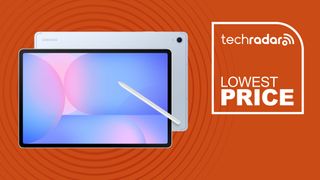 Samsung Galaxy Tab S10 FE in blue with S Pen on orange background with TechRadar lowest price sign