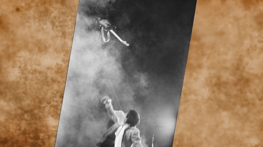 Pete Townshend tosses his electric guitar in mid-air as he performs onstage at Atwood Stadium on August 23, 1967 in Flint Michigan. This is the same night that Keith had his 21st (actually his 20th) birthday party and was arrested and banned for life from the Holiday Inn chain of hotels
