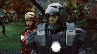 Robert Downey Jr as Tony Stark and Don Cheadle as Rhodey in Iron Man 2