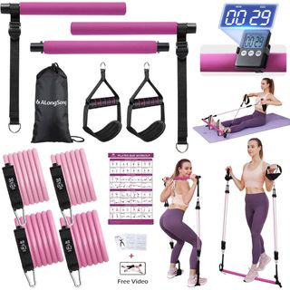 ALongSong Pilates Equipment Pilates Reformer Bar Set With 4 Resistance Bands 30/40lbs or 40/50lbs For Home Gym Workout Fitness Yoga Twisting Squat Strengthen Muscles Enhance Flexibility Body Shaping