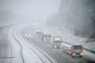 Vehicles make their way along the M74 between Abiington and Beattock Summit on December 07, 2021 in Abington, Scotland