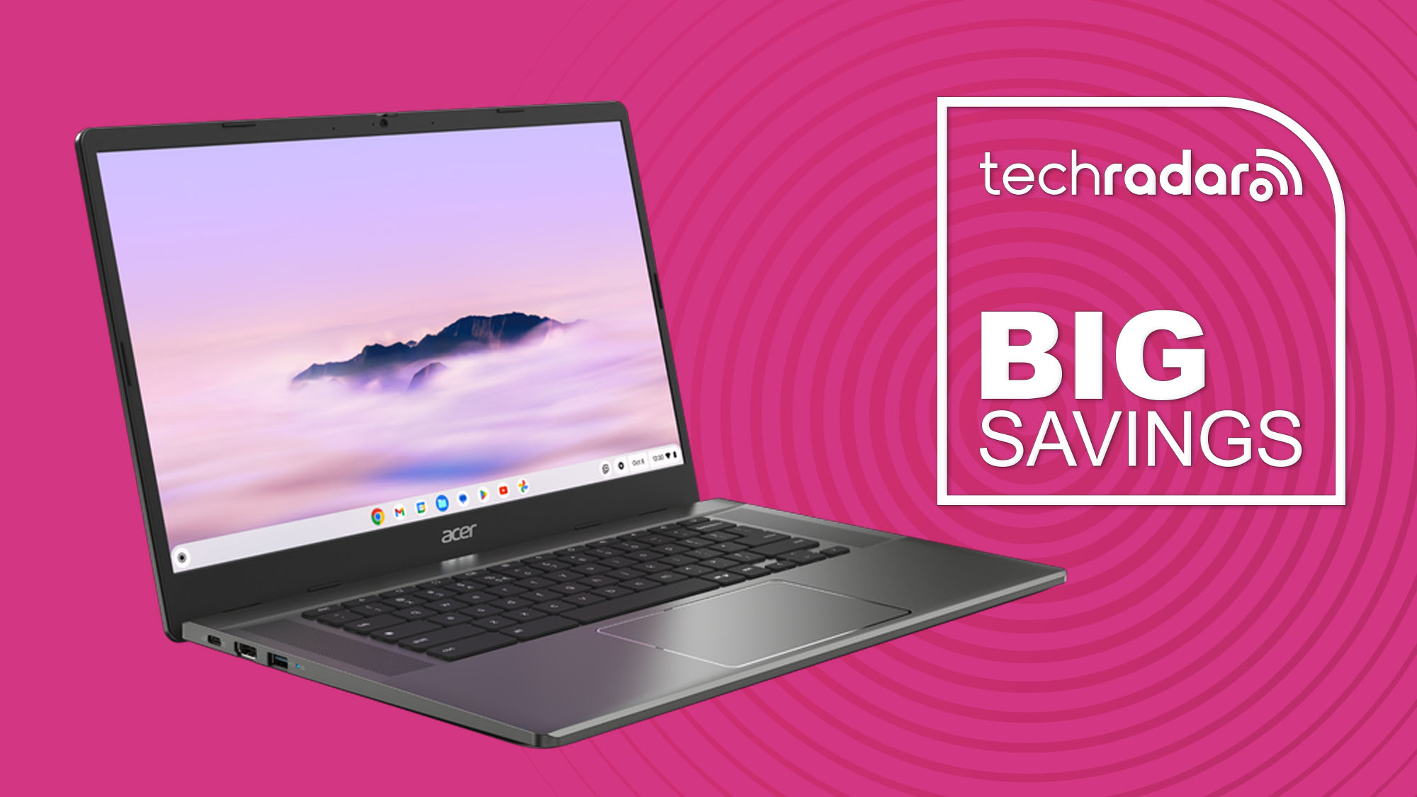 An Acer Chromebook Plus 515 against a techradar deals background