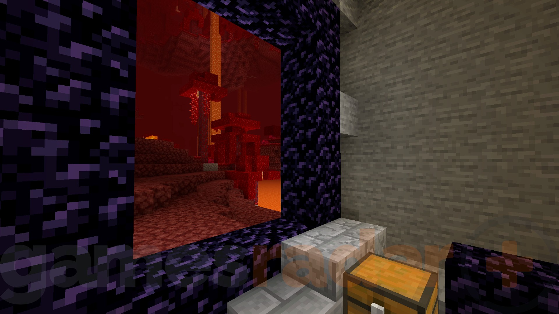 A player stands in the overworld, but looks into The Nether through a Nether Portal, thanks to the Immersive Portals Minecraft mod.