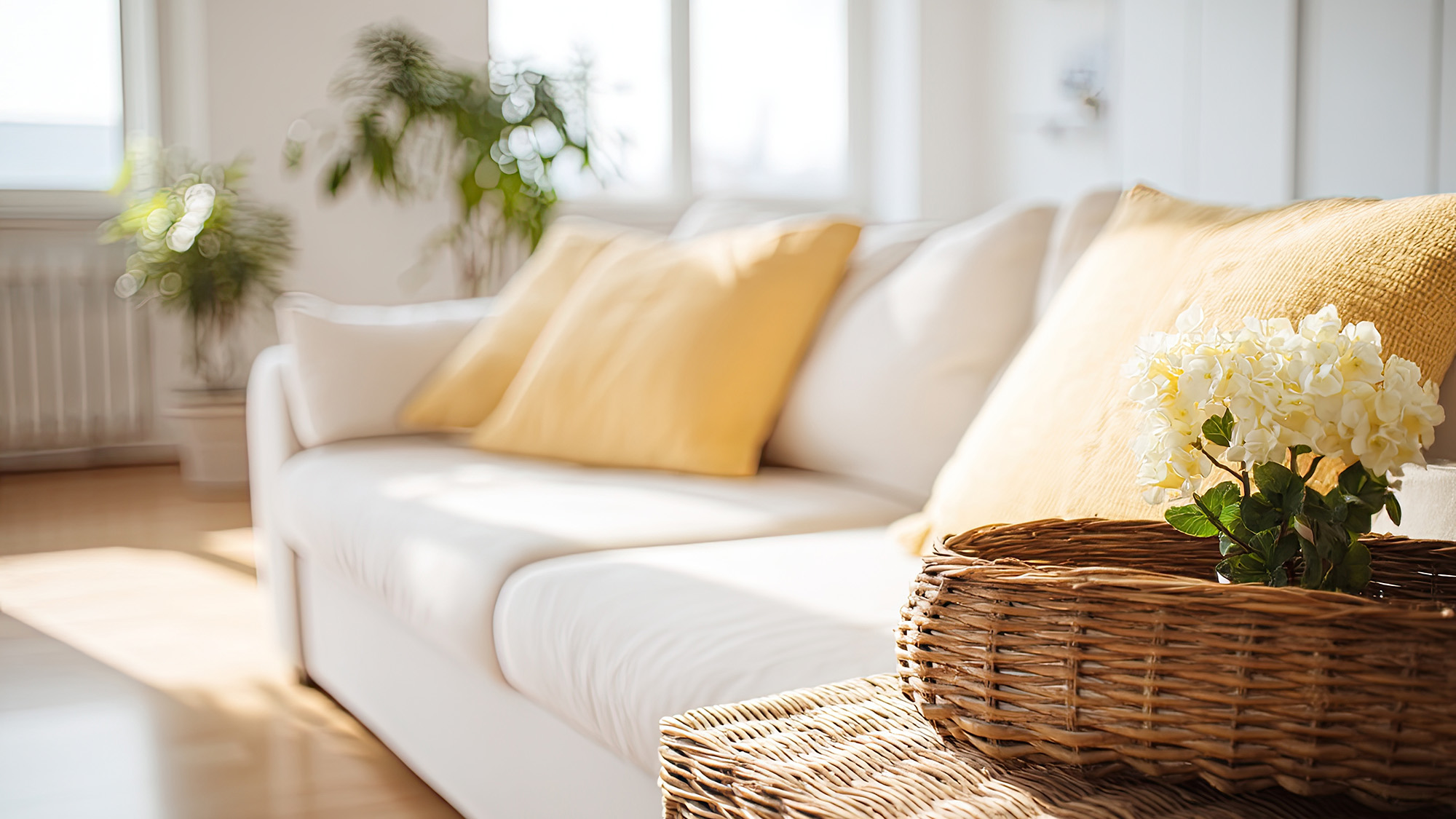 A sunlit living room features a white couch with yellow throw pillows, and a wicker basket holding white flowers