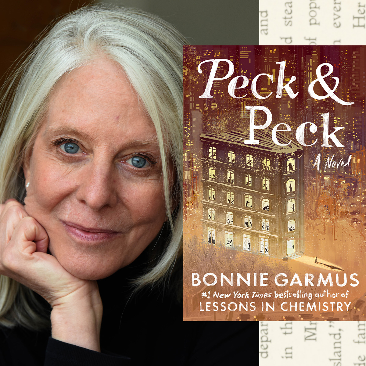 a split image of author bonnie garmus smiling and resting her chin on her wrist opposite the book cover of her novel peck and peck featuring a new york city building