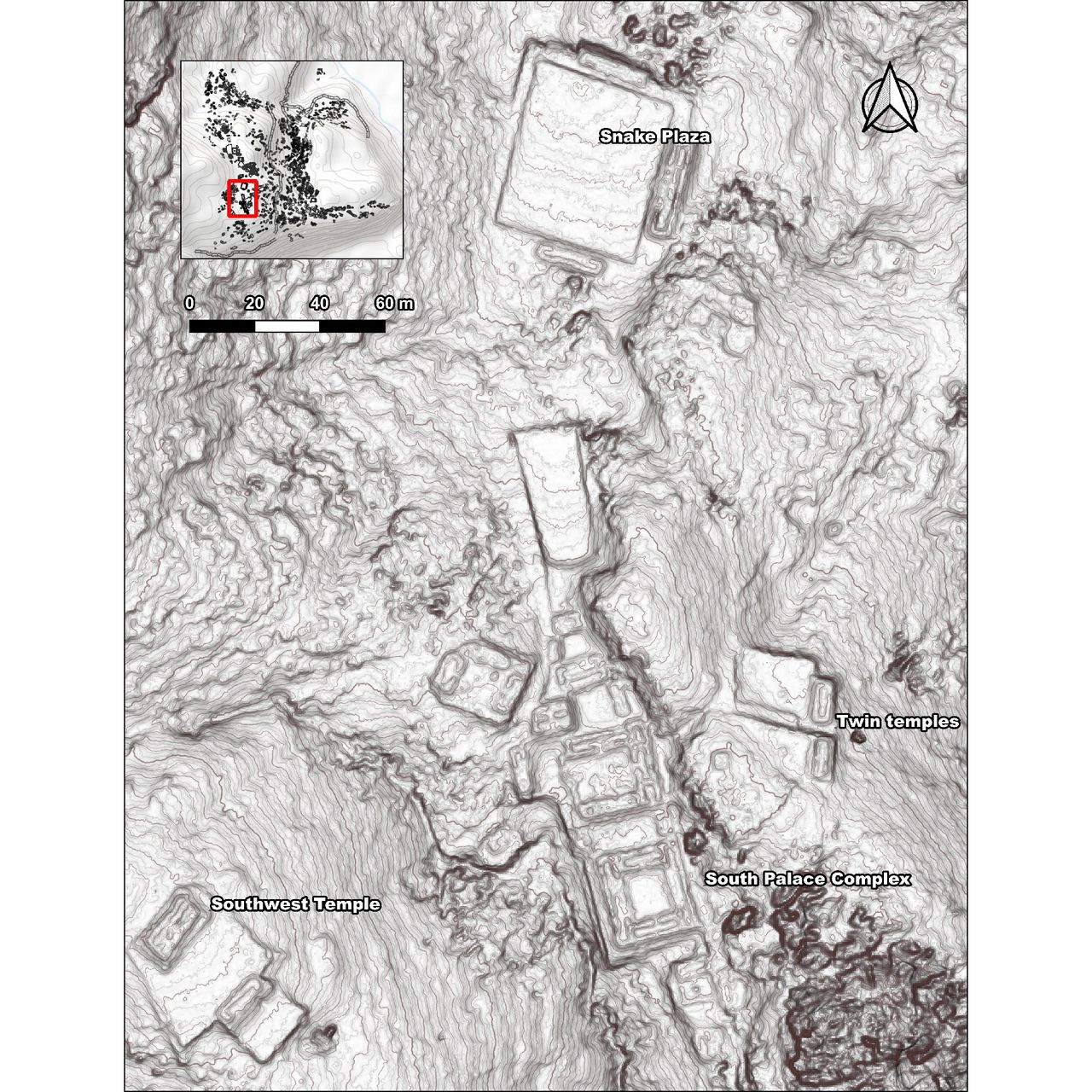 A lidar map showing the location of various archaeological sites