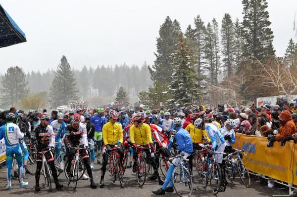 Riders bundled up and waiting for the start