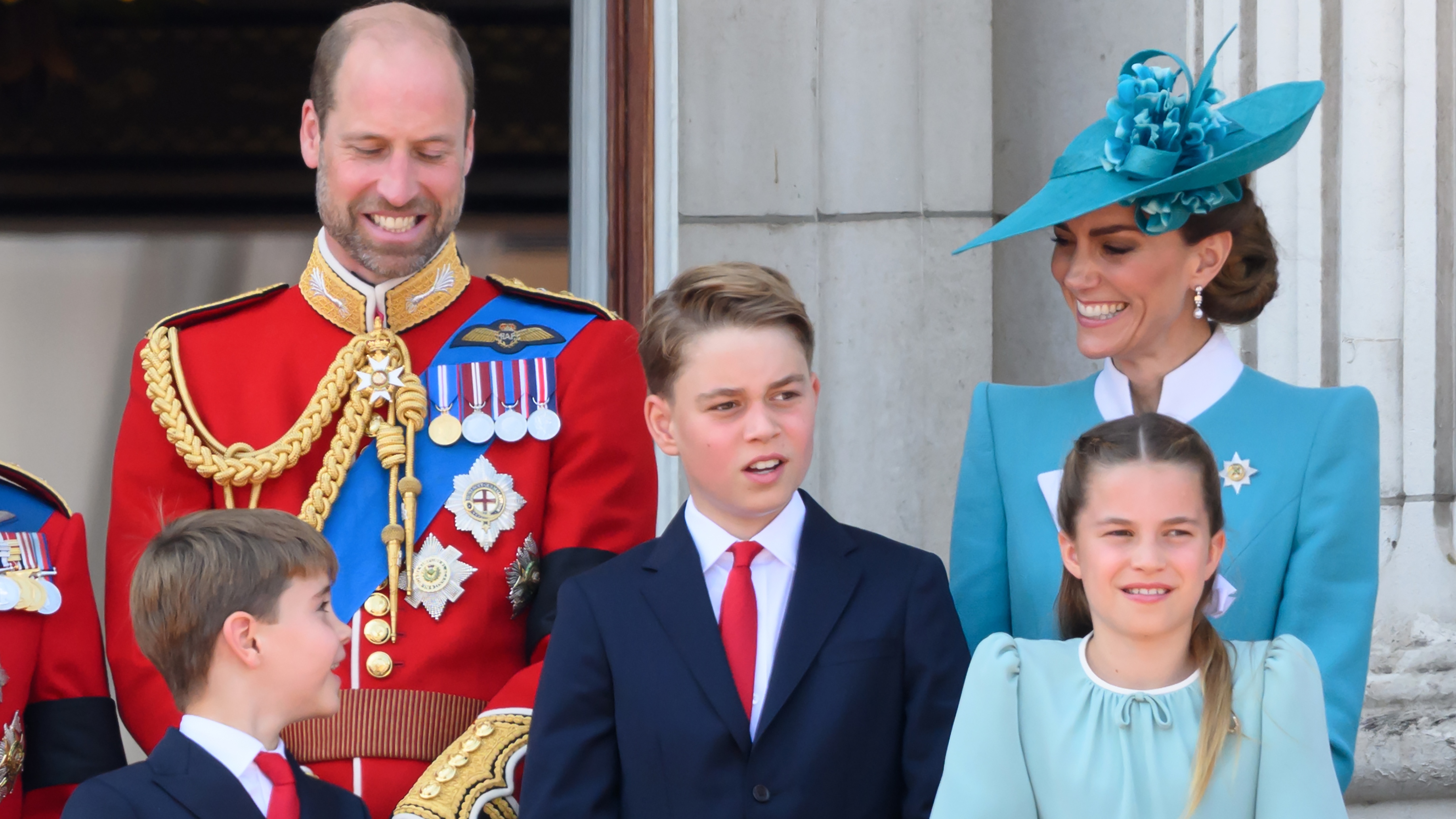 Prince Louis of Wales, Prince William, Prince of Wales, Prince George of Wales, Catherine, Princess of Wales and Princess Charlotte of Wales stand on the balcony of Buckingham Palace during Trooping The Colour 2025 on June 14, 2025