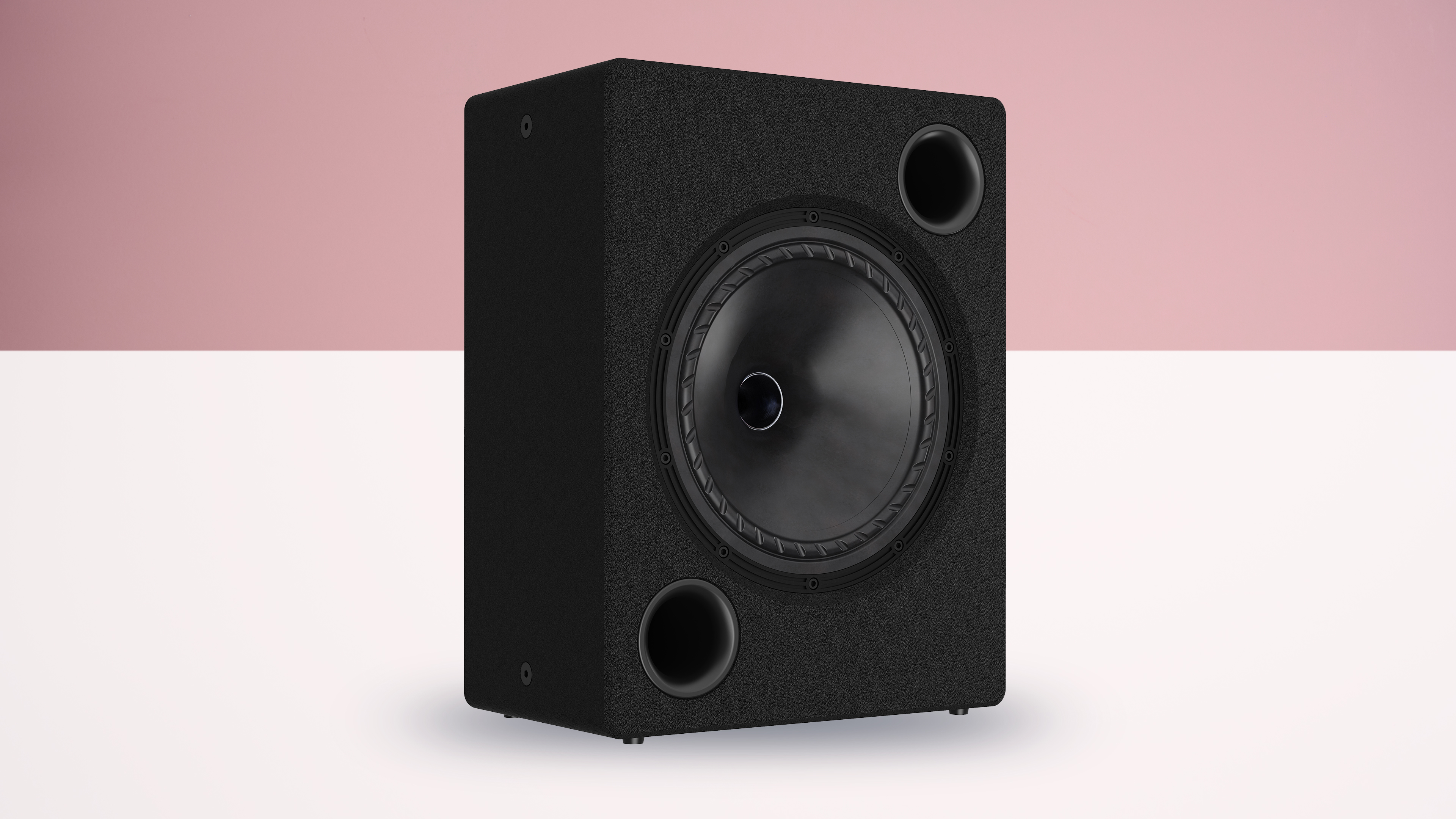 A large black speaker with a big driver and two bass ports. It's not very aesthetically pleasing, implying it's meant to be hidden
