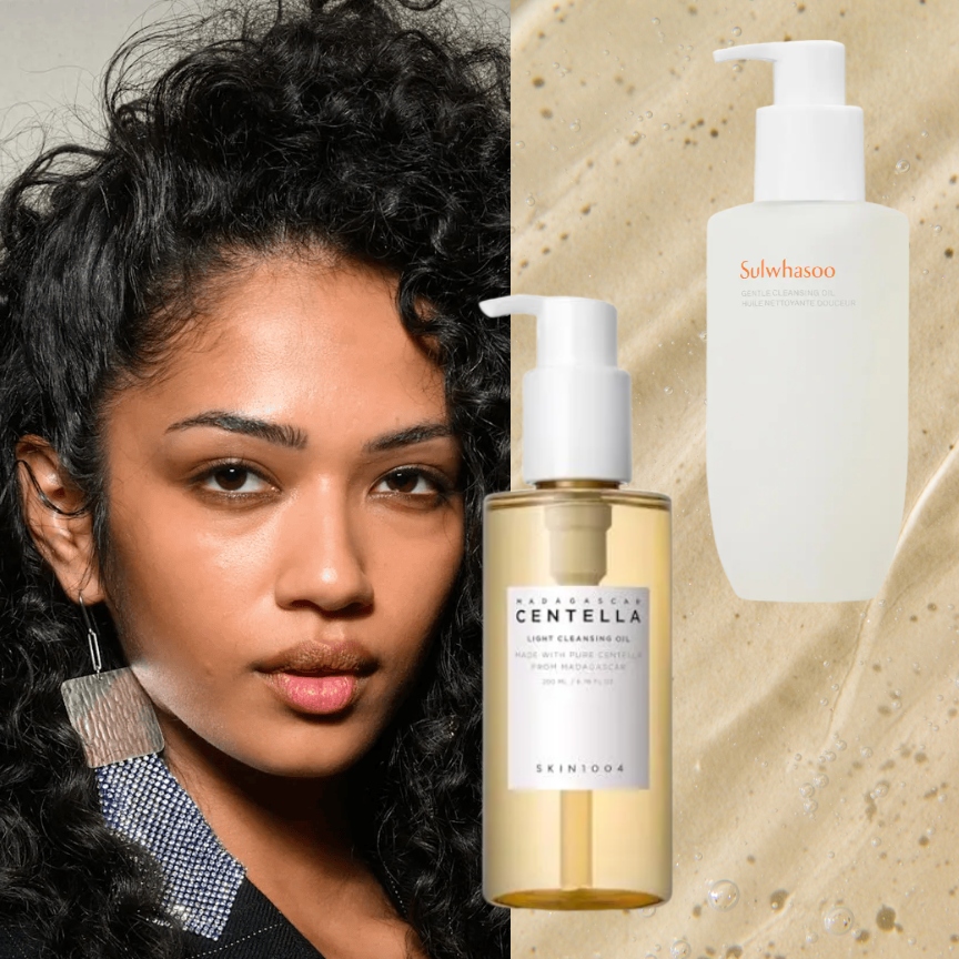 a model with glowing skin and dark hair next to two bottles of cleaning oil