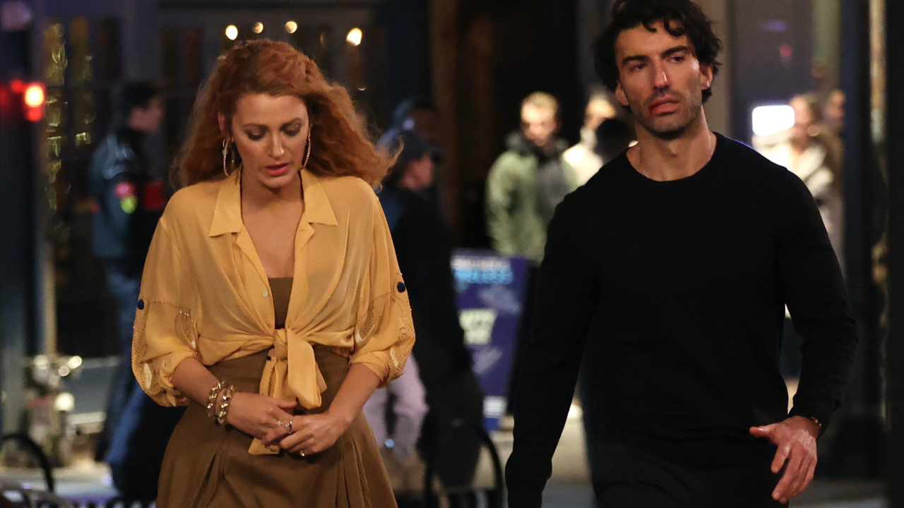 Blake Lively and Justin Baldoni are seen on the set of &#039;It Ends with Us&#039; on January 12, 2024 in Jersey City, New Jersey.