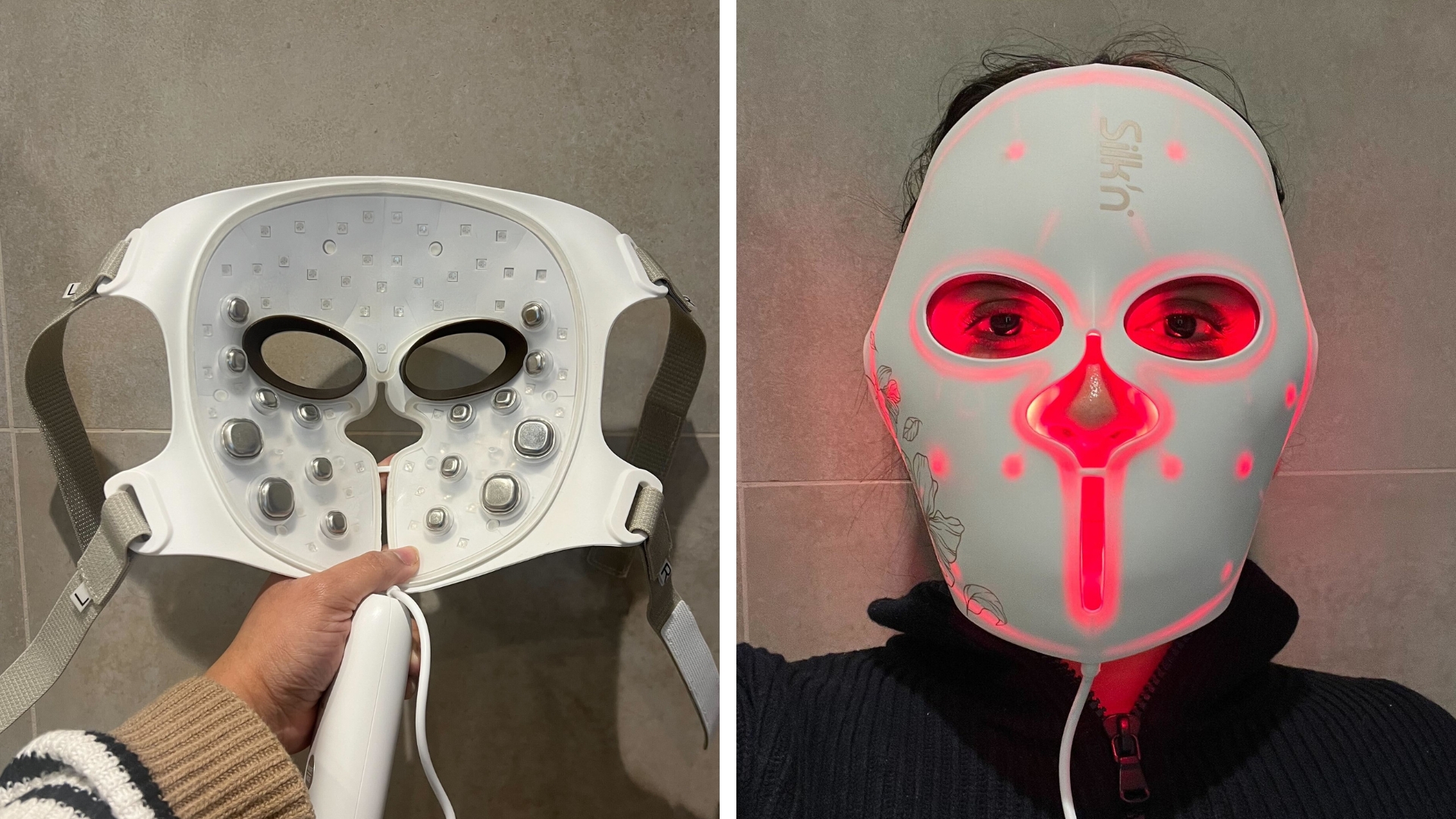 On the left, an image of the Silk'n LED Face EMS Mask off and, on the right, Aleesha Badkar wearing the Silk'n LED Face EMS Mask