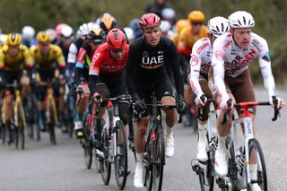 CAMBRILS SPAIN MARCH 26 Joo Almeida of Portugal and UAE Team Emirates Green Leader Jersey competes during the 101st Volta Ciclista a Catalunya 2022 Stage 6 a 1685km stage from Costa Daurada SalouCambrils to Costa Daurada SalouCambrils VoltaCatalunya101 WorldTour on March 26 2022 in Cambrils Spain Photo by Gonzalo Arroyo MorenoGetty Images