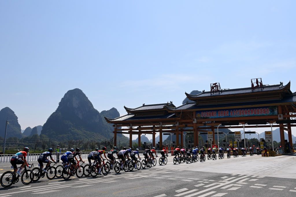 GUILIN CHINA OCTOBER 17 A general view of the peloton competing during the 4th GreeTour of Guangxi 2023 Stage 6 a 1683km stage from Guilin to Guilin UCIWT on October 17 2023 in Guilin China Photo by Tim de WaeleGetty Images