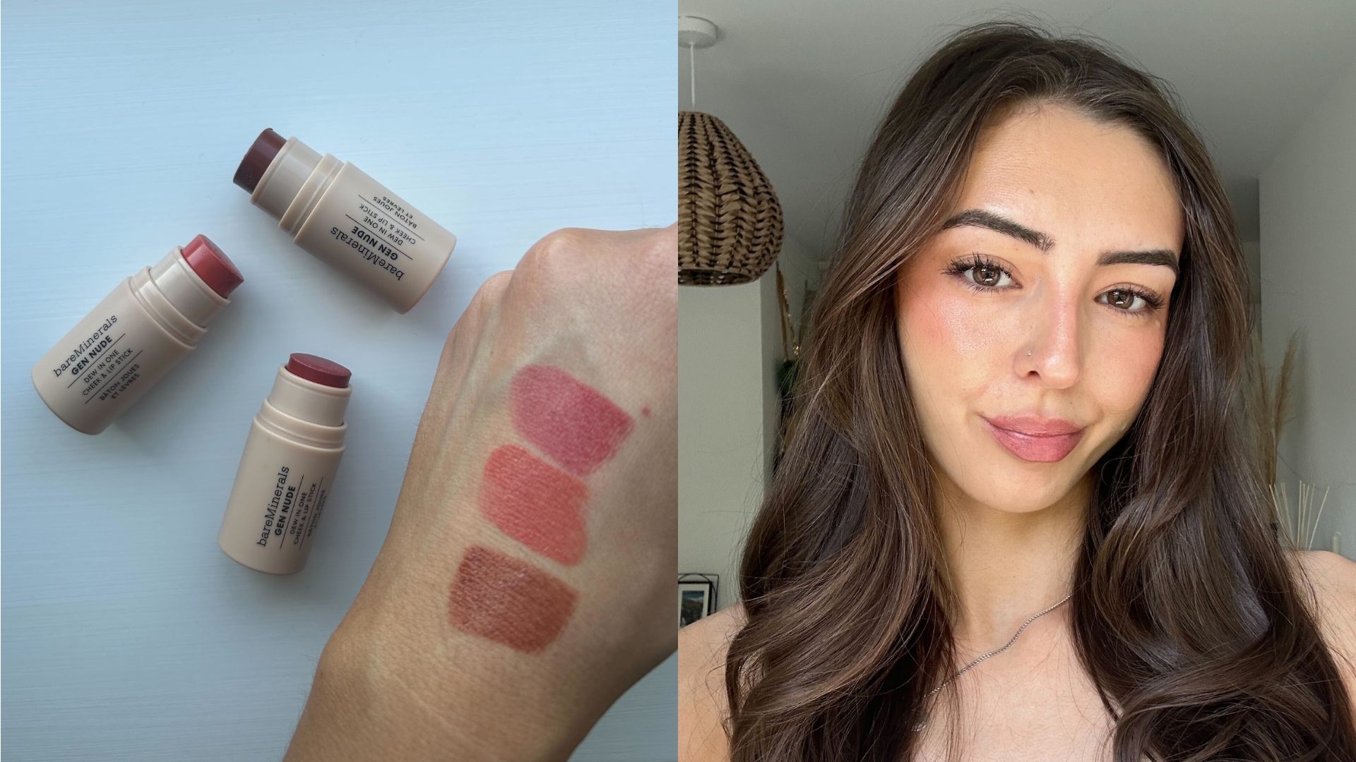 Swatches of three shades of the bareMinerals GEN NUDE&amp;reg; Dew-In-One Cheek &amp;amp; Lip Stick (L-R) Bare Necessity, Just Peachy and Brick It On, and an image of Sennen wearing shade Brick It On.
