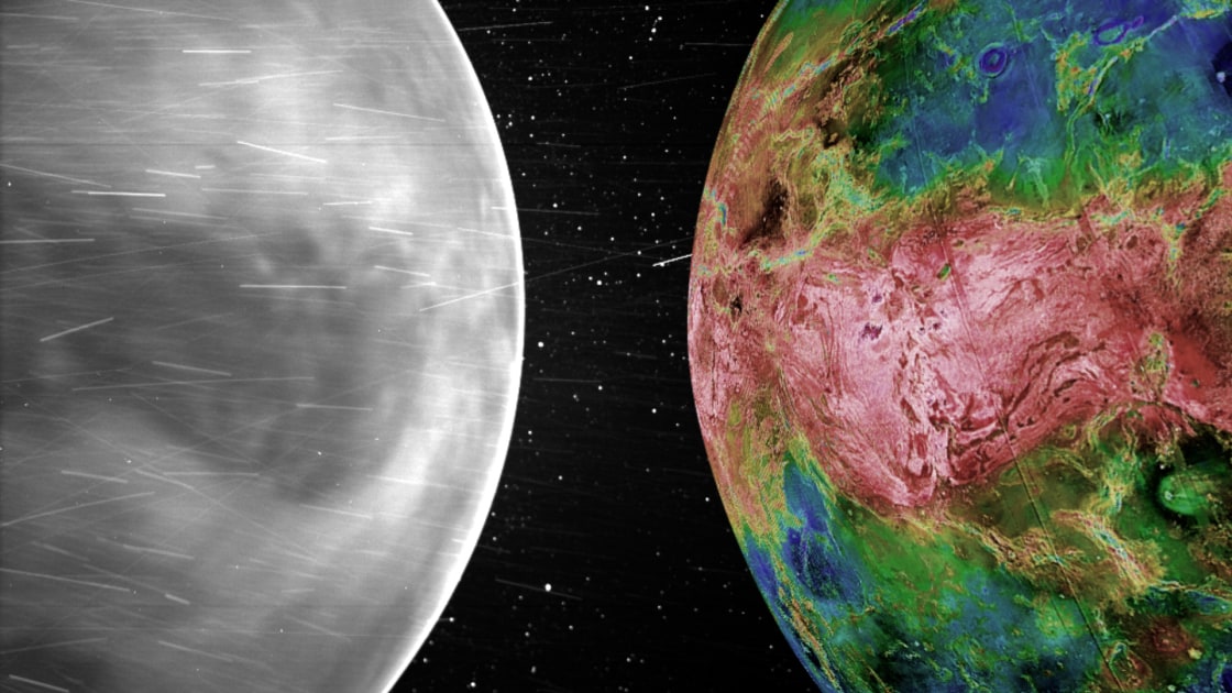 Ein direkter Vergleich der Venusoberfläche aus Sicht der Parker Solar Probe (links) und der Magellan-Mission (rechts).  Die Oberflächenmerkmale in beiden Bildern stimmen überein.