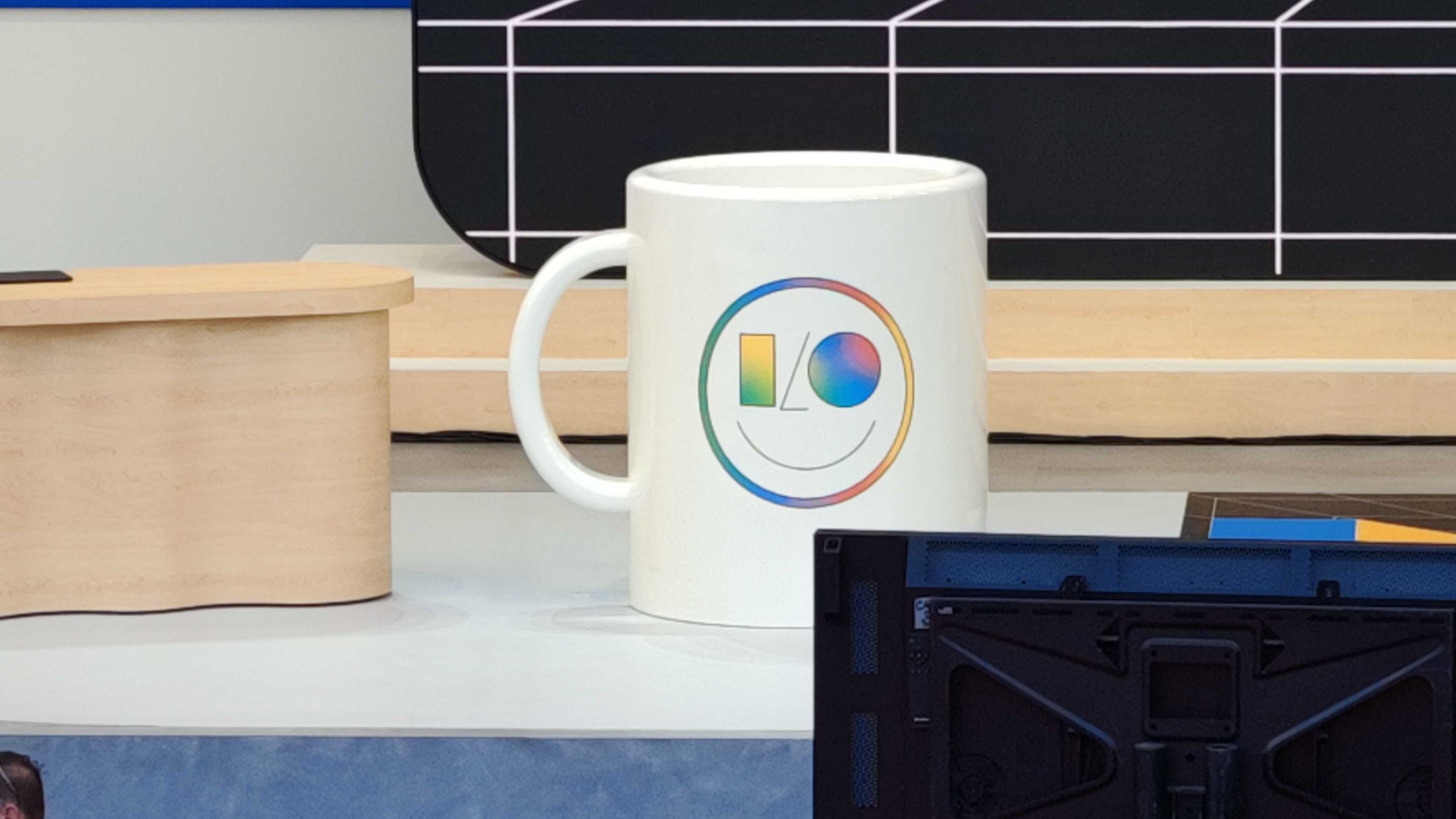 A giant coffee cup on the Google I/O 2024 stage