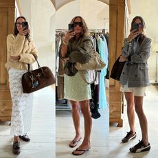 A collage of outfit pics from Larissa Mills wearing trendy shoes and glasses