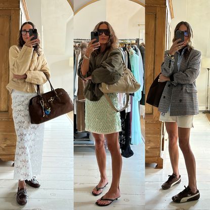 A collage of outfit pics from Larissa Mills wearing trendy shoes and glasses