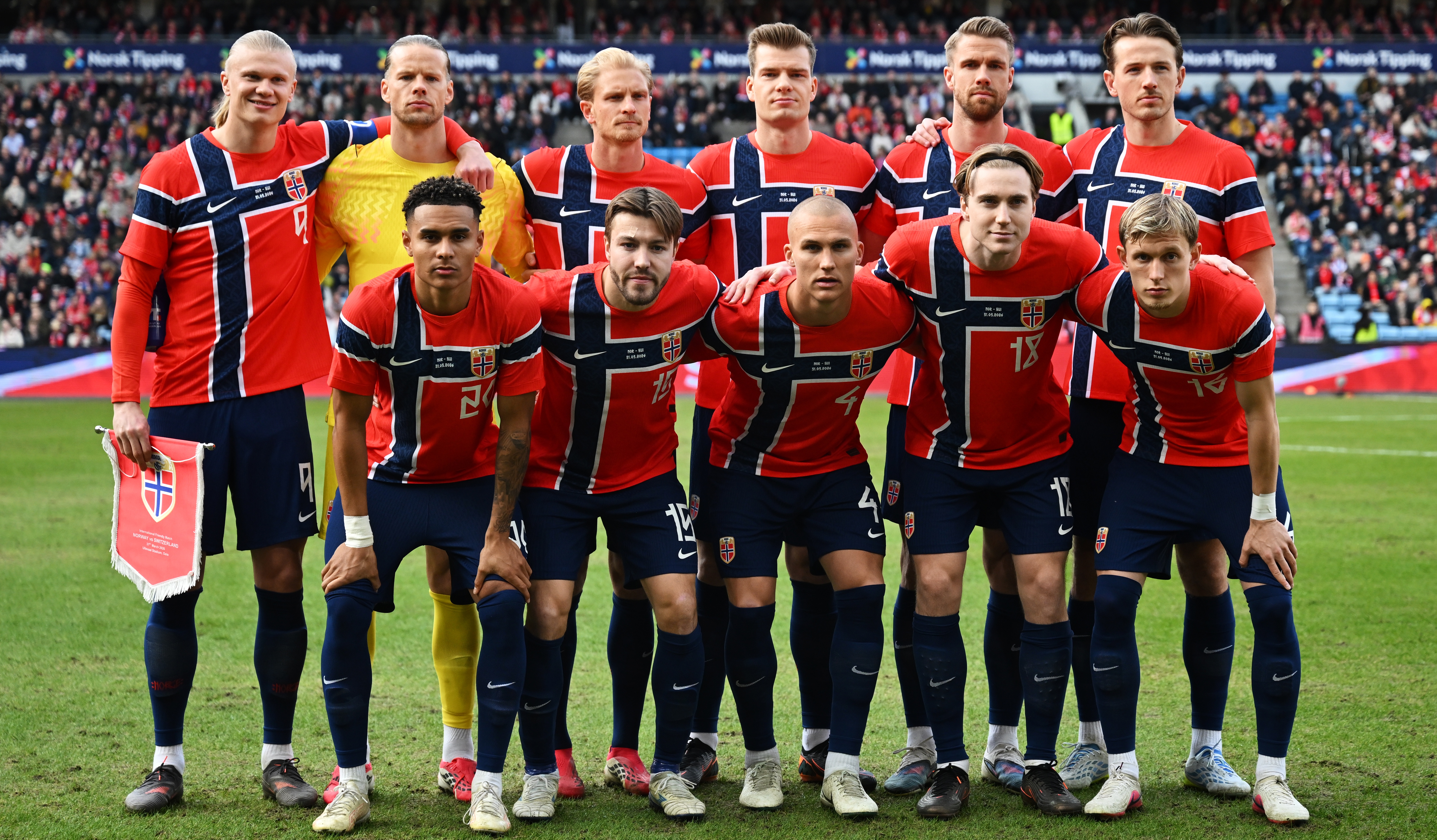 The Norway team pose for a photo prior to the international friendly match between Norway and Switzerland at Ullevaal Stadion on March 31, 2026 in Oslo, Norway