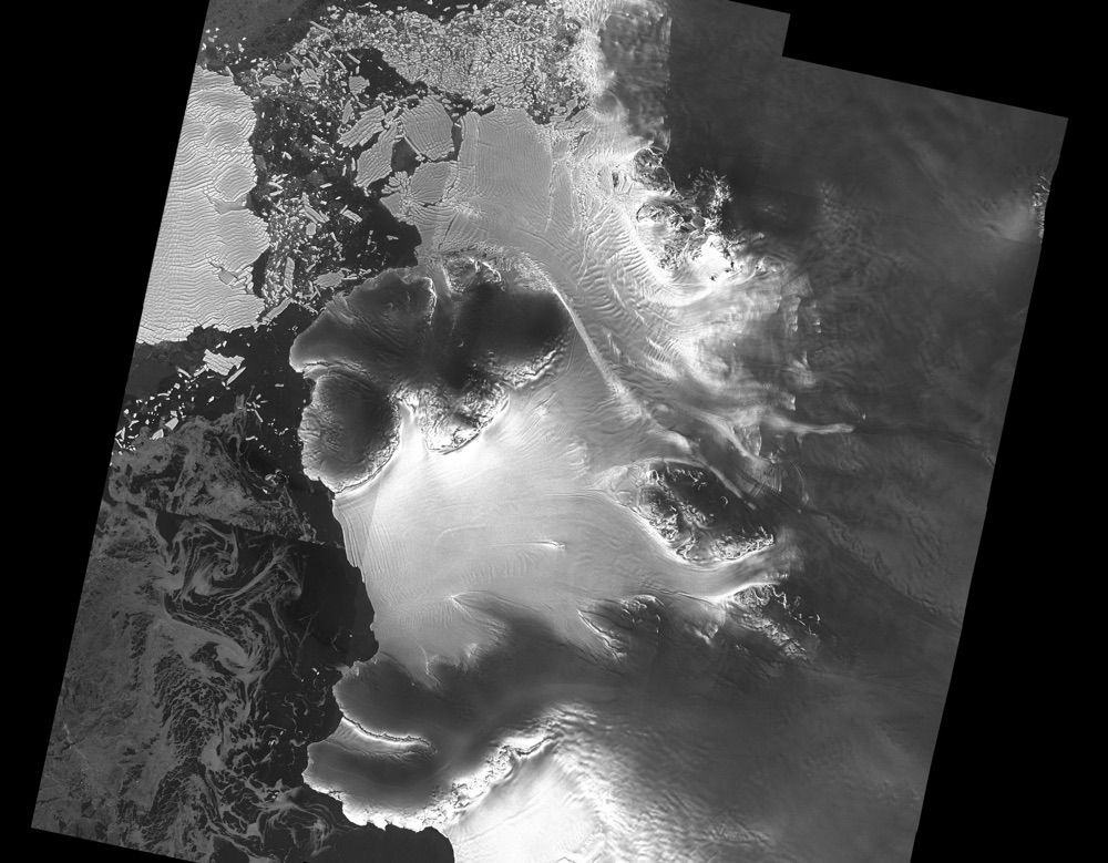 A view of the Dotson ice shelf, courtesy of the ESA satellite Sentinel-1. New research finds an under-ice canyon stretching the length of the shelf. 