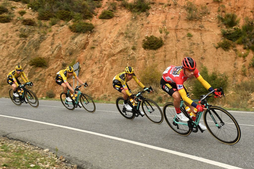 CIUDADRODRIGO SPAIN NOVEMBER 06 George Bennett of New Zealand and Team Jumbo Visma Primoz Roglic of Slovenia and Team Jumbo Visma Red Leader Jersey during the 75th Tour of Spain 2020 Stage 16 a 162km stage from Salamanca to Ciudad Rodrigo lavuelta LaVuelta20 La Vuelta on November 06 2020 in Ciudad Rodrigo Spain Photo by David RamosGetty Images