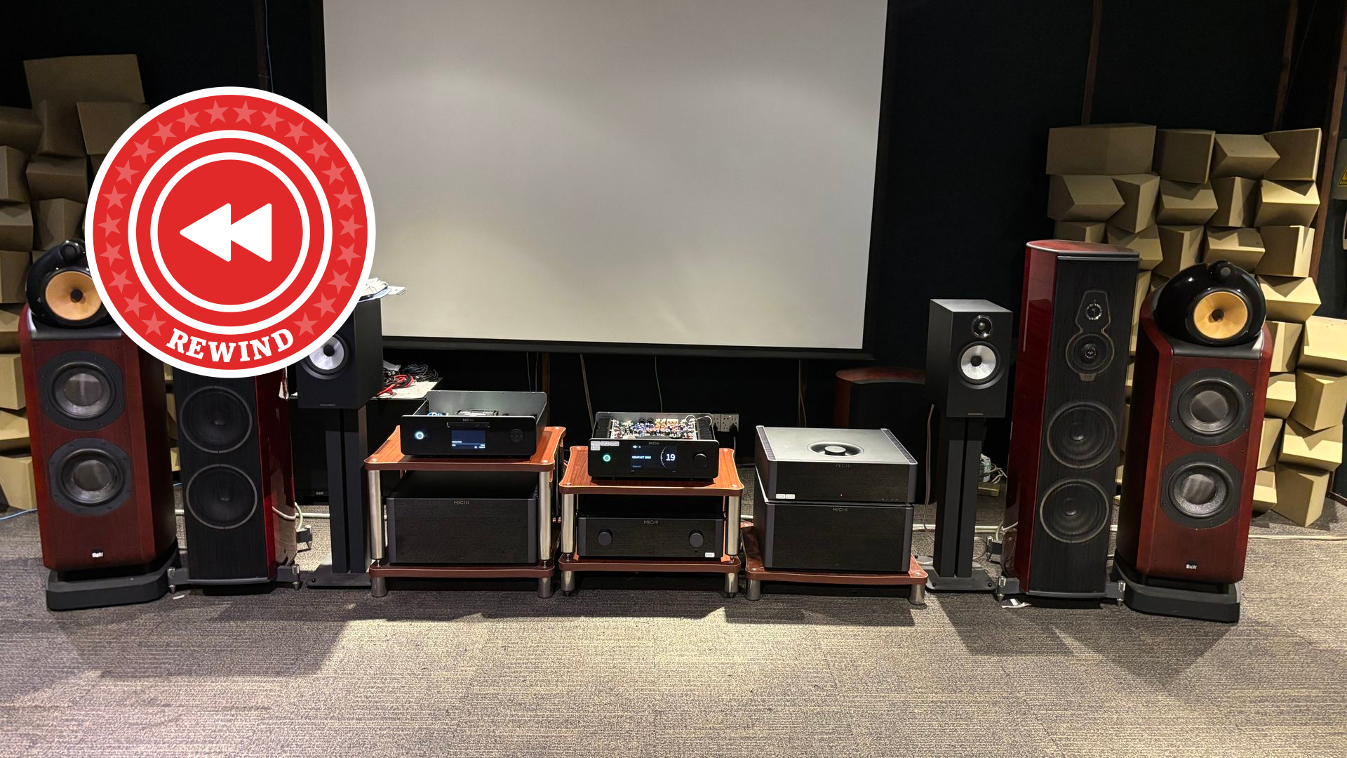 Rotel Michi seperates in listening room with Rewind logo