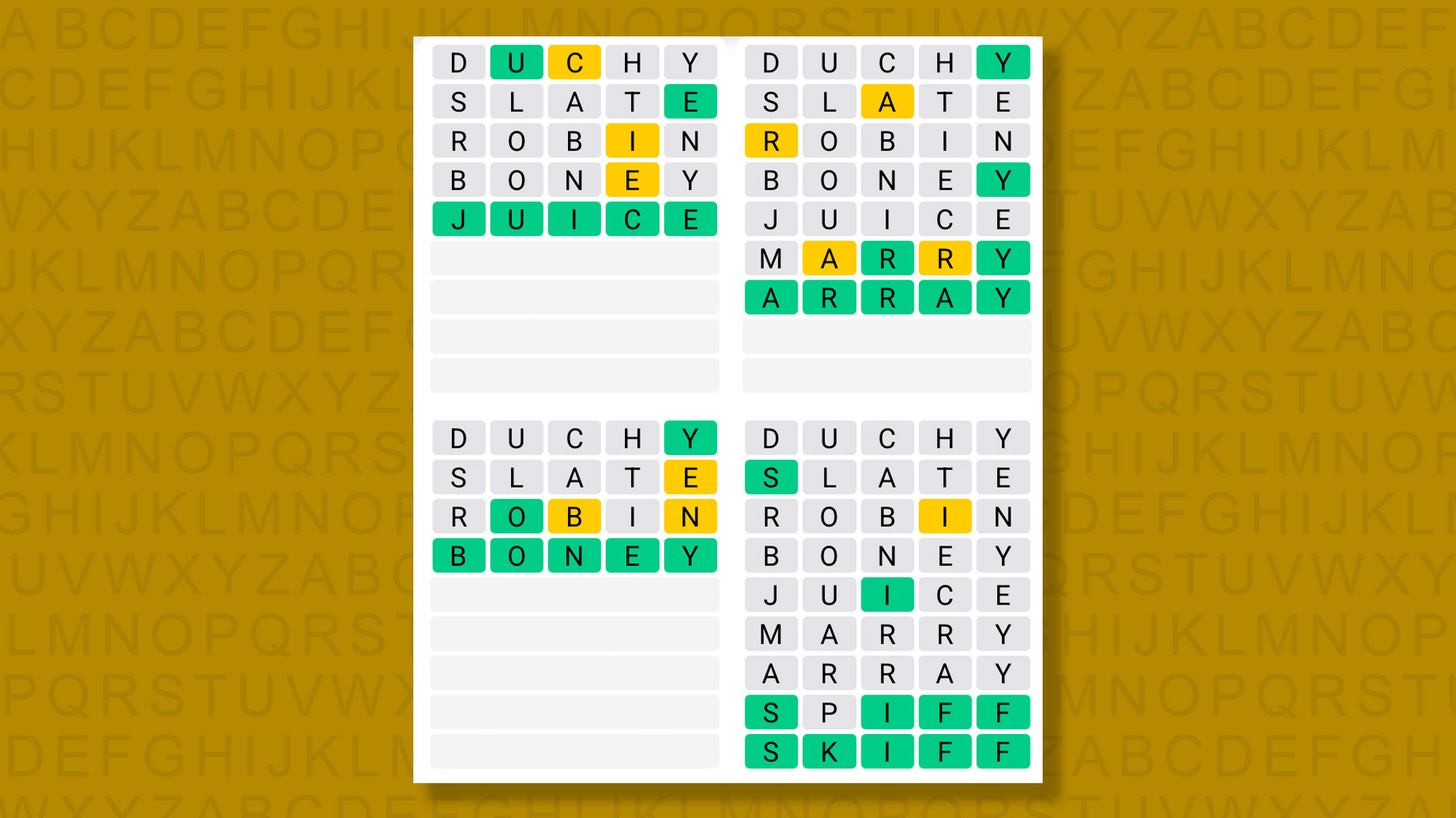 Quordle answers for game 1614 on a yellow background